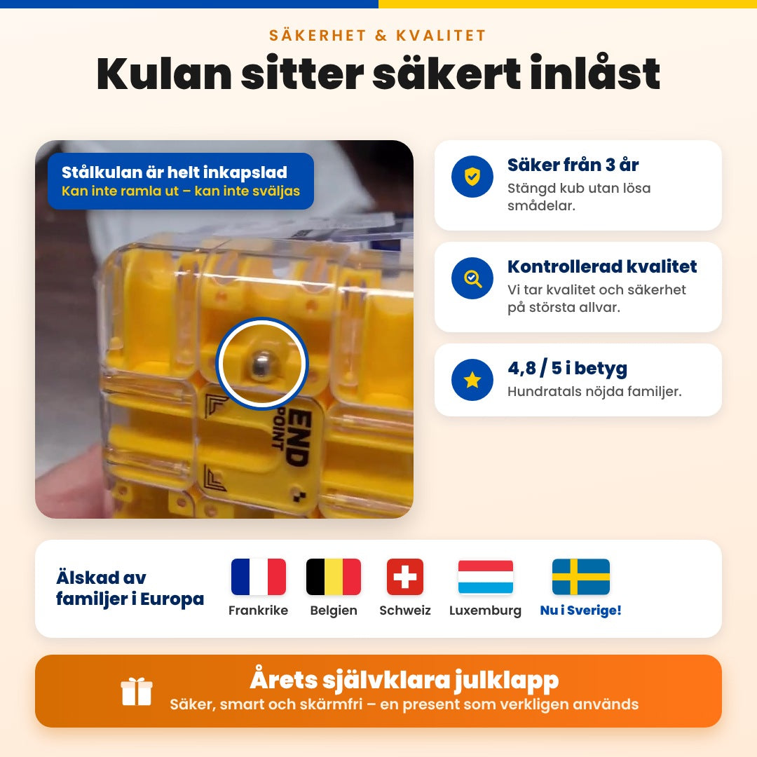Säkerhet – stålkulan sitter inlåst i kuben