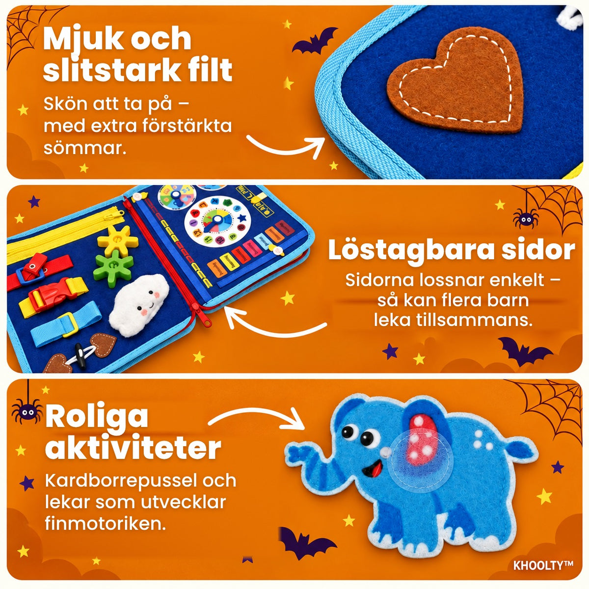 Mjuk och slitstark filt, löstagbara sidor, roliga aktiviteter